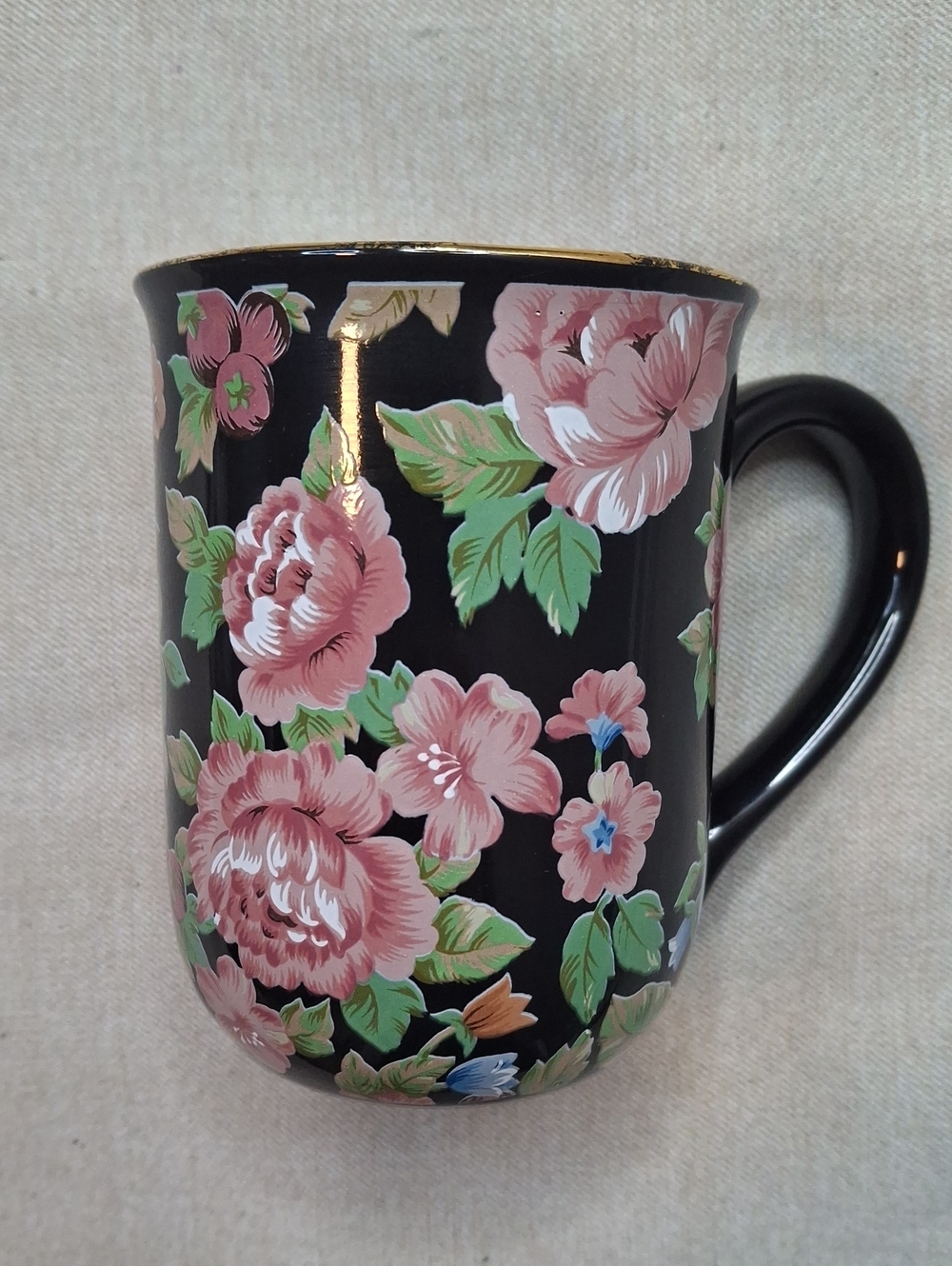 Otagiri Black Ceramic Mug with Pink Rose Floral Design and Gold Trim